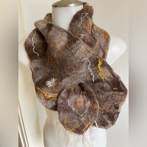 Handcrafted Brown Merino Felted Wool Scarf with Ivory, Gold and Brown Accents